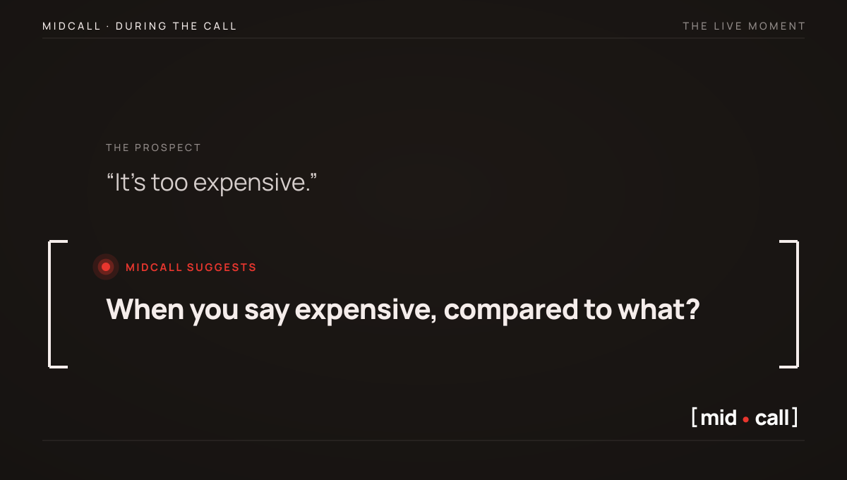 Midcall during a live call: the prospect says it is too expensive and Midcall suggests asking compared to what