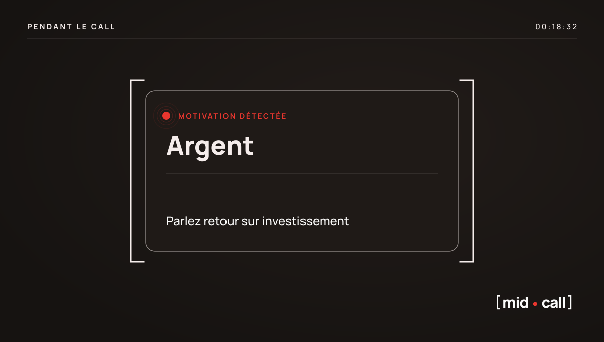 Carte Midcall qui propose le bon argument en direct quand une motivation d'achat apparaît.