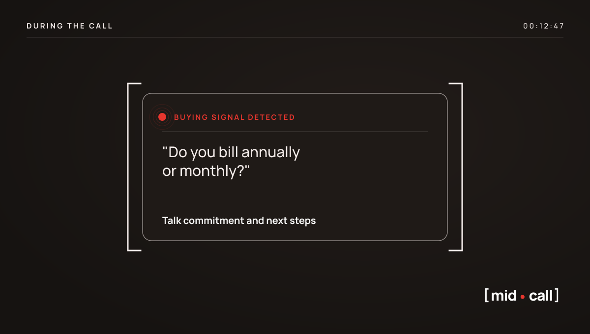 Midcall card spotting a buying signal live during a sales call.