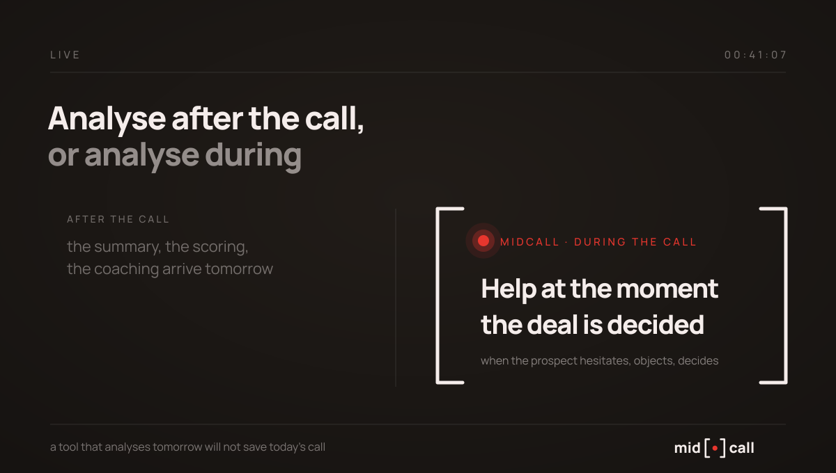 Record and analyse after the call, versus analyse during it