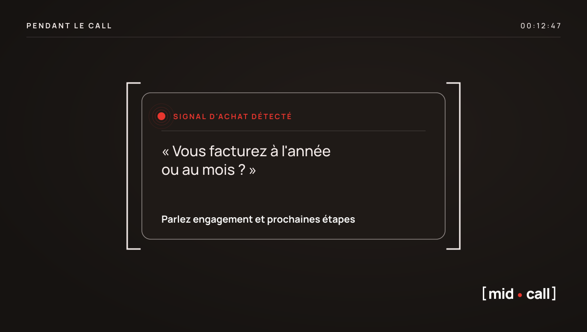Carte Midcall qui repère un signal d'achat en direct pendant un call de vente.