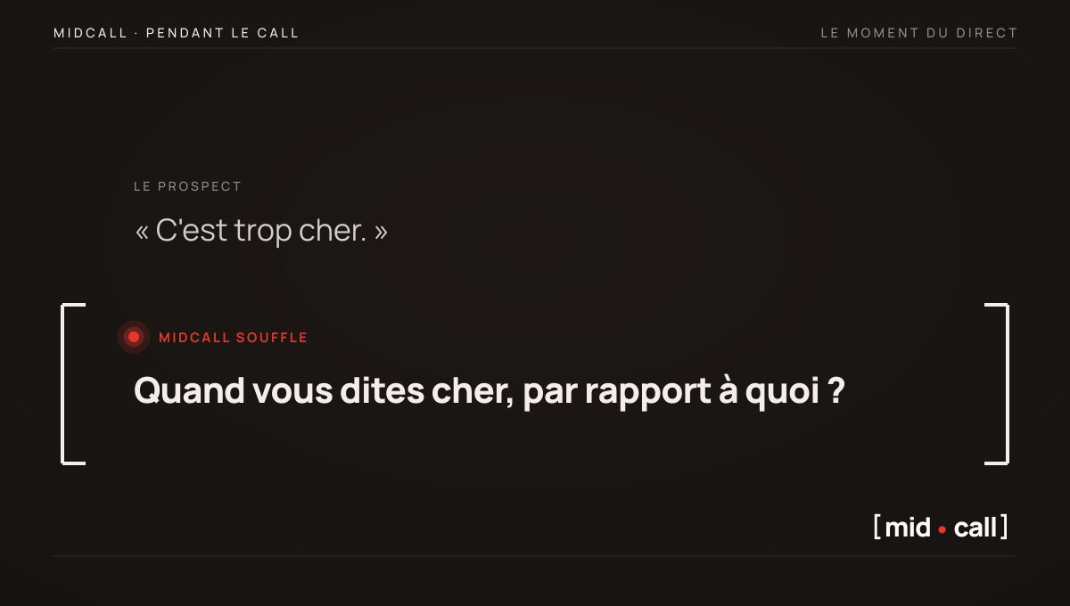 Midcall pendant un call en direct : le prospect dit que c'est trop cher et Midcall souffle une reformulation